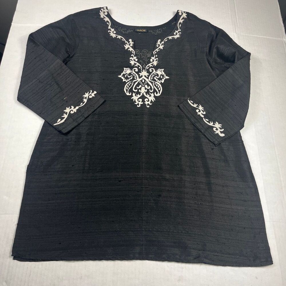 Saachi Silk Tunic Top Black 3/4 Sleeve Lightweight Boho Embroidered Shirt XL